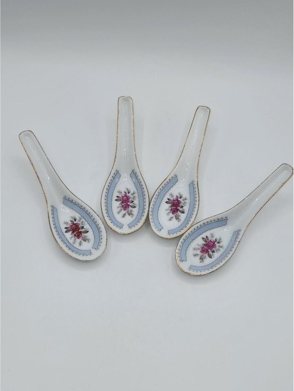 Cathay Porcelain‎ Soup Spoons Set of 4 Floral Rose Gold Trim China
